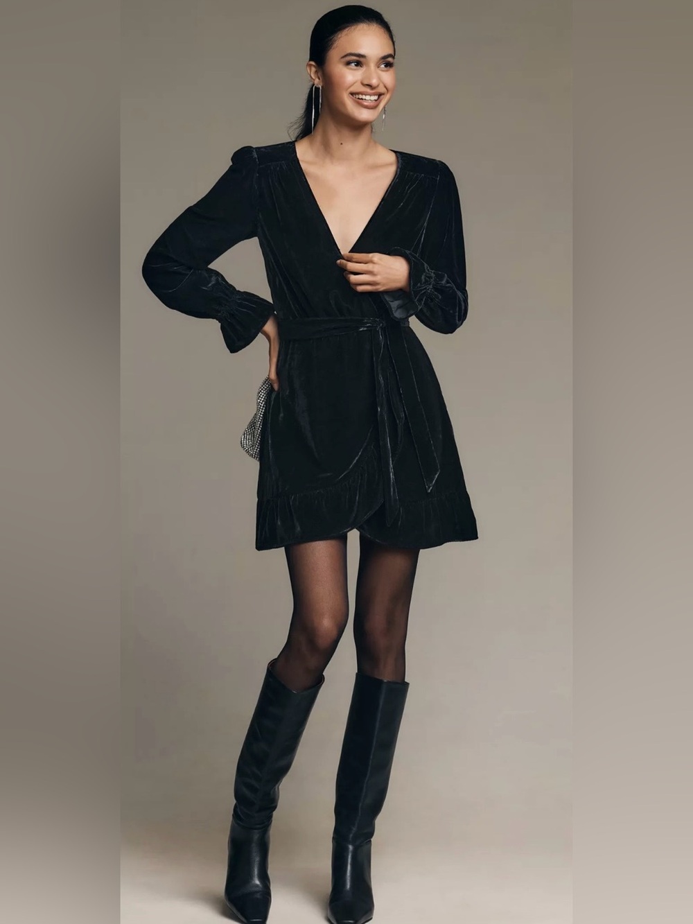 Paige Ysabel Black Velvet Mini Faux Wrap Dress